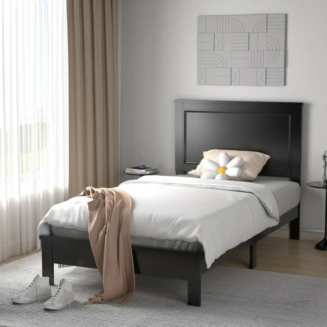 Twin Size Platform Bed Frame with Rubber Wood Leg-Black - Black - Simple Bed Frame