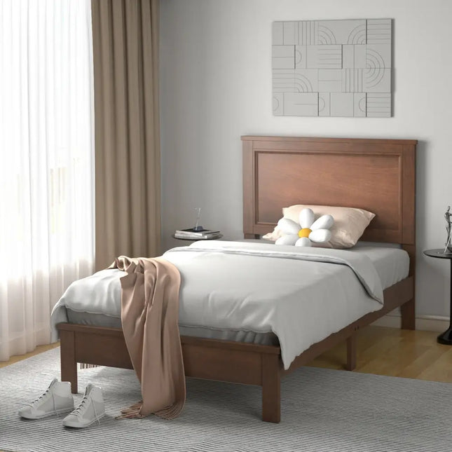 Twin Size Platform Bed Frame with Rubber Wood Leg-Walnut - Walnut - Simple Bed Frame