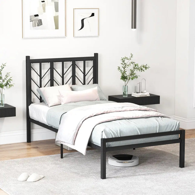 Twin Size Platform Bed with Headboard and Metal Frame-Twin Size - Black - Simple Bed Frame