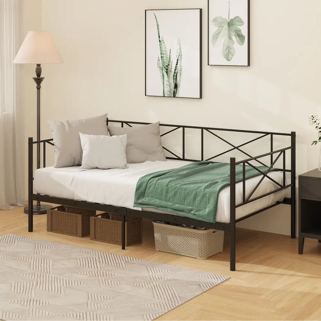 Twin Size Platform Bed with Heavy-duty Metal Slat Support-White - White - Trundle Bed Frame