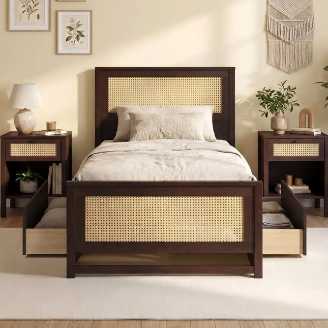 Twin Size Rattan Bed Frame with Storage Drawers-Coffee - Coffee - Trundle Bed Frame