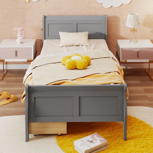 Twin Size Sleigh Bed with 2 Storage Drawers Wood Platform Bed Frame-Gray - Gray - Simple Bed Frame
