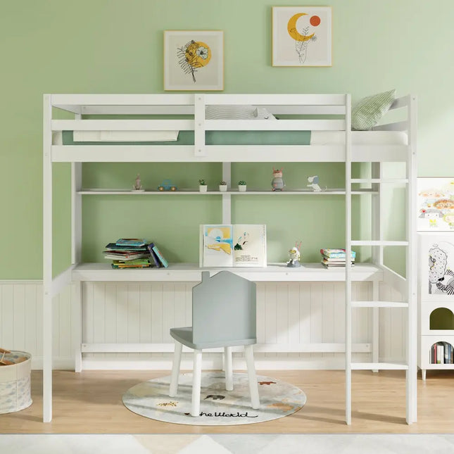 Twin Size Solid Wood Slatted Loft Bed Frame with Safety Guardrail for Kid-White - White - Bunk Bed Frame