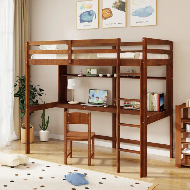 Twin Size Solid Wood Slatted Loft Bed Frame with Safety Guardrail for Kid-Brown - Brown - Bunk Bed Frame