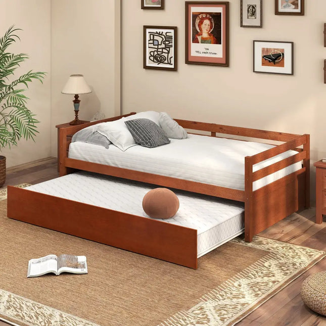 Twin Size Trundle Platform Bed Frame with Wooden Slat Support-Walnut - Walnut - Trundle Bed Frame