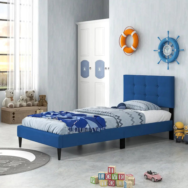 Twin Size Upholstered Platform Bed with Button Tufted Headboard-Blue - Blue - Simple Bed Frame
