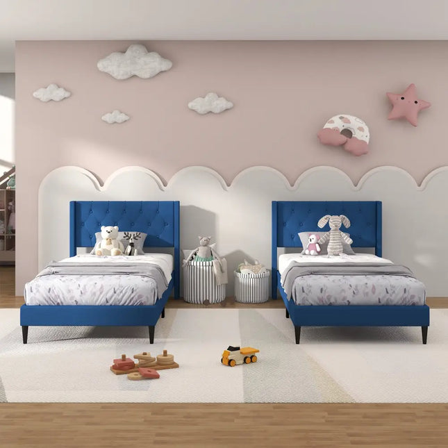 Twin Size Upholstered Platform Bed with Button Tufted Wingback Headboard-Blue - Blue - Simple Bed Frame