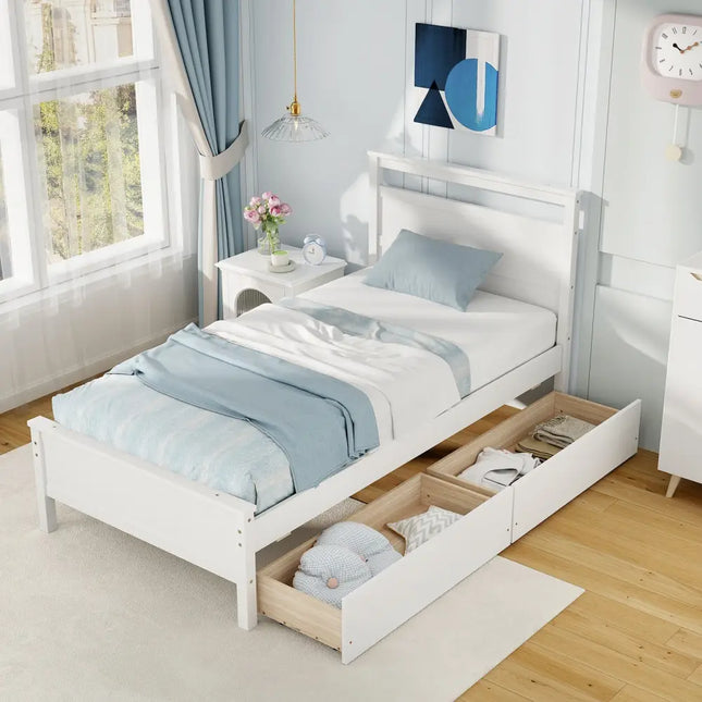 Twin Size Wooden Bed Frame with 2 Drawers for Teens and Adults-White - White - Simple Bed Frame