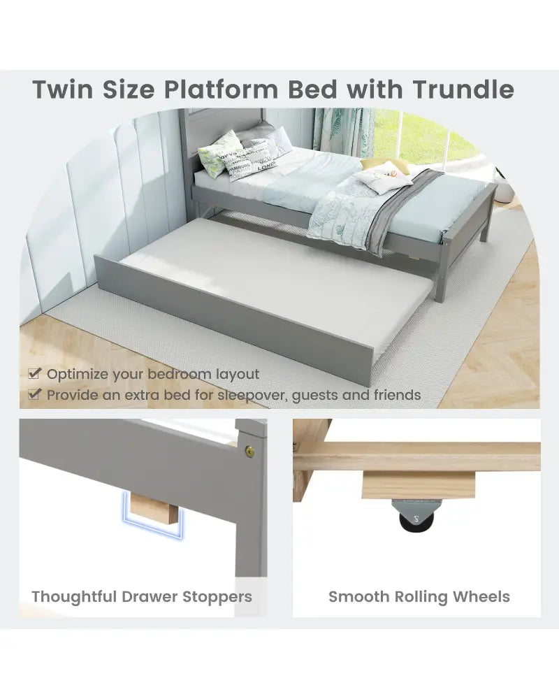 Twin Size Wooden Bed Frame with Trundle for Teens and Adults-Gray - Gray - Trundle Bed Frame