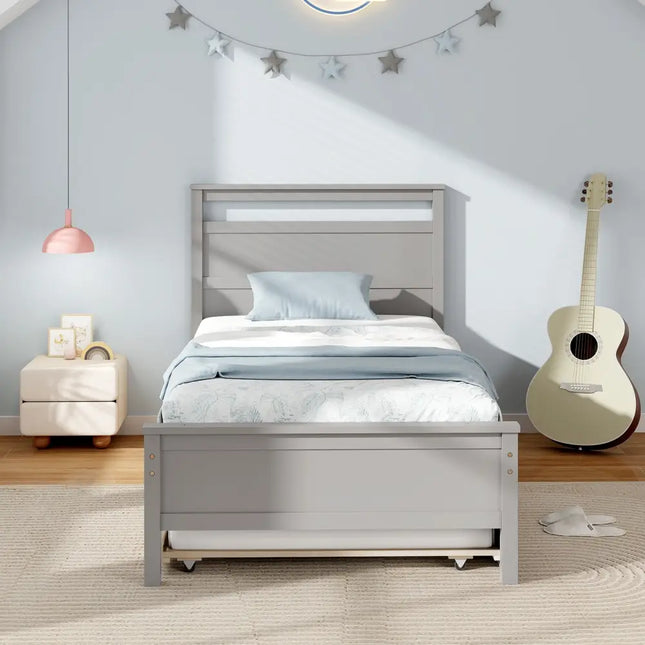 Twin Size Wooden Bed Frame with Trundle for Teens and Adults-Gray - Gray - Trundle Bed Frame