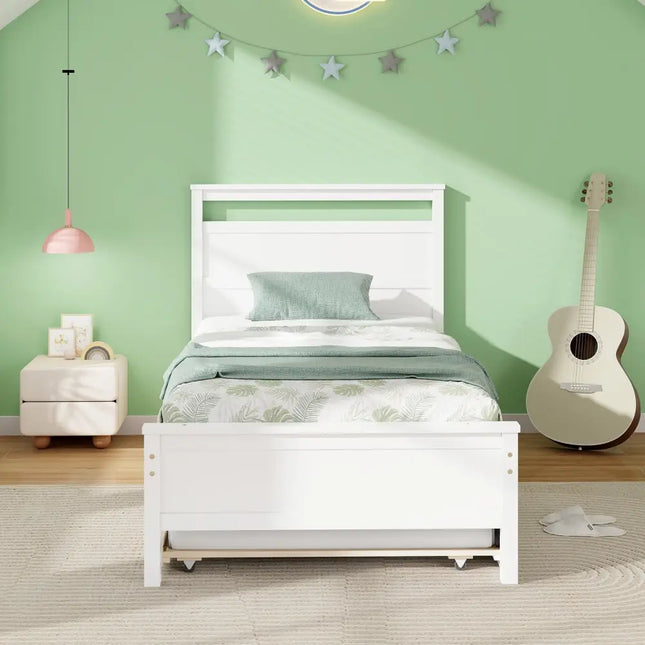 Twin Size Wooden Bed Frame with Trundle for Teens and Adults-White - White - Trundle Bed Frame
