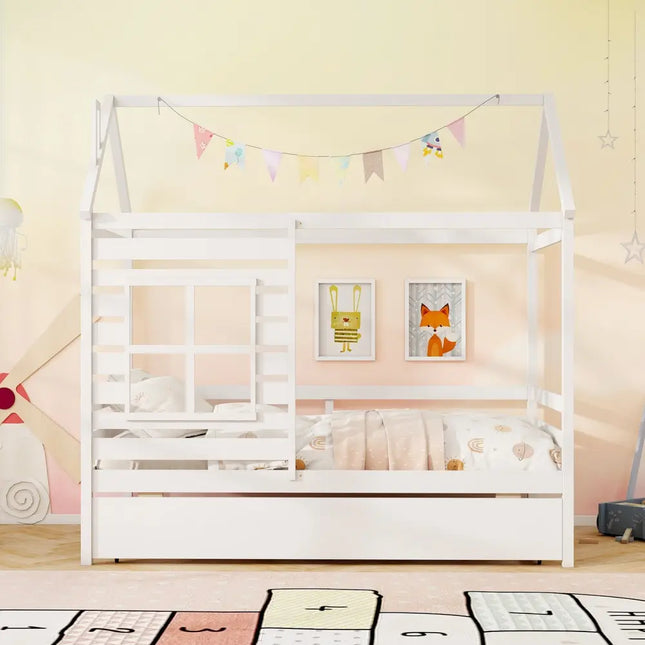 Twin Size Wooden Platform House Bed with Trundle and Roof-White - White - Trundle Bed Frame