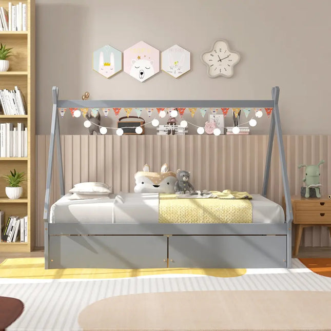 Twin Size Wooden Tent Platform House Bed with 2 Drawers-Gray - Gray - Simple Bed Frame