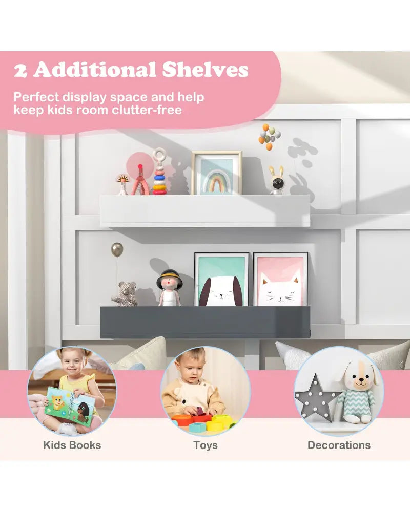 Twin Wood House Bed Montessori Floor Bed with 2 Shelves and Guardrails-Gray & White - Gray & White - Toddler Beds