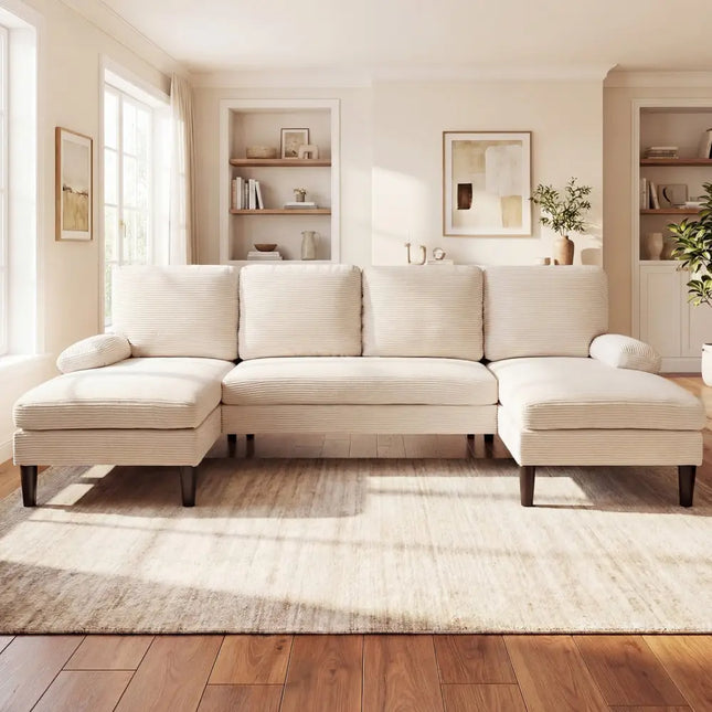 U-shaped Sectional Couch with Double Chaise for Living Room-Beige - Beige - Sofas & Loveseats