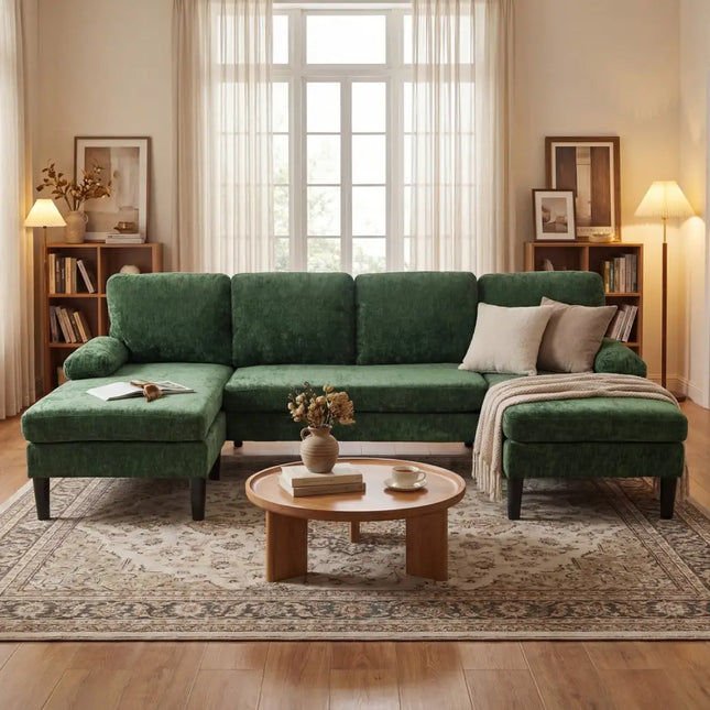 U-shaped Sectional Couch with Double Chaise for Living Room-Green - Green - Sofas & Loveseats