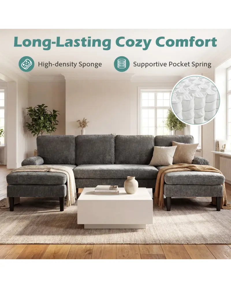 U-shaped Sectional Couch with Double Chaise for Living Room-Grey - Gray - Sofas & Loveseats
