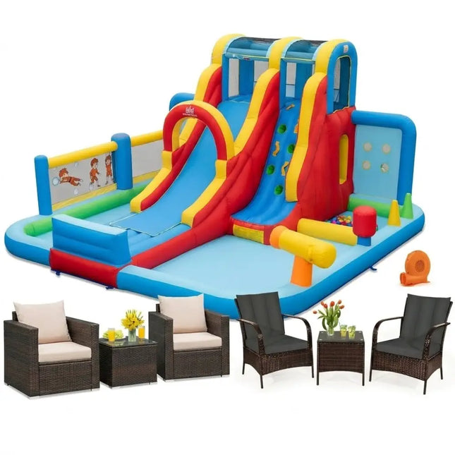 Ultimate Backyard Summer Oasis Set: 6-Pc Patio Rattan Furniture Inflatable Water Slide Park with 680W Blower - Outdoor
