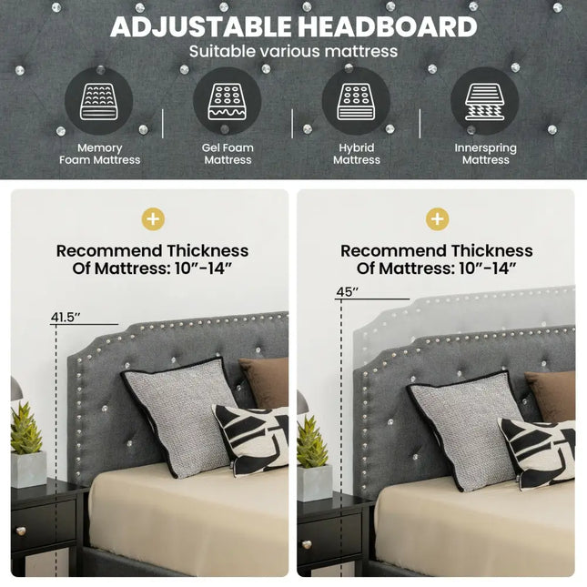 Upholstered Bed Frame with Adjustable Diamond Button Headboard-Full Size - Gray - Simple Bed Frame
