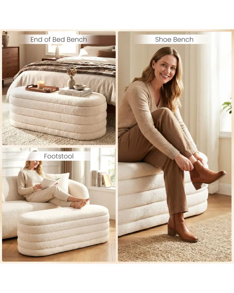 Upholstered Fabric Storage Ottoman Bench for End of Bed with 2 Struts-White - White - Shoe Racks & Storage Benches