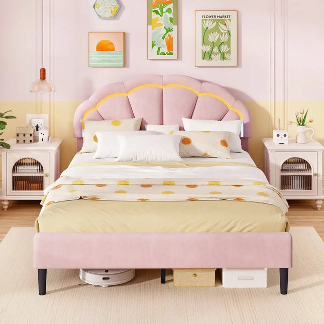 Upholstered LED Bed Frame with Adjustable Flower Headboard and Metal Support Feet Pink-Queen Size - Trundle Bed Frame