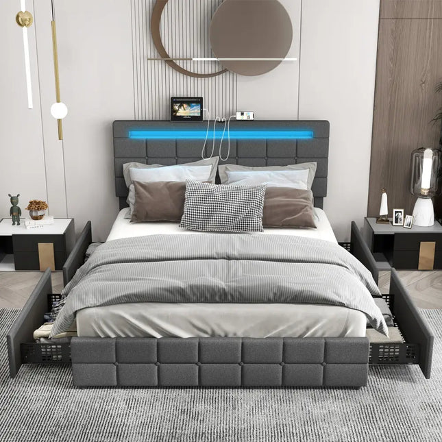 Upholstered Queen LED Bed Frame with Headboard and 4 Drawers-Queen Size - Gray - Simple Bed Frame