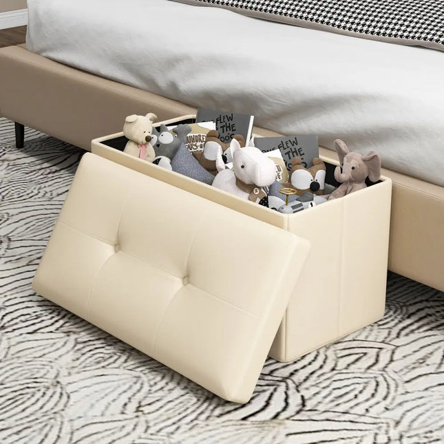 Upholstered Rectangle Footstool with PVC Leather Surface and Storage Function-White - White - Shoe Racks & Storage