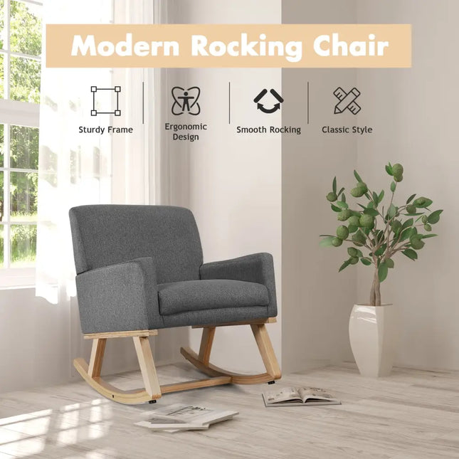 Upholstered Rocking Chair with and Solid Wood Base-Gray - Gray - Accent Chairs