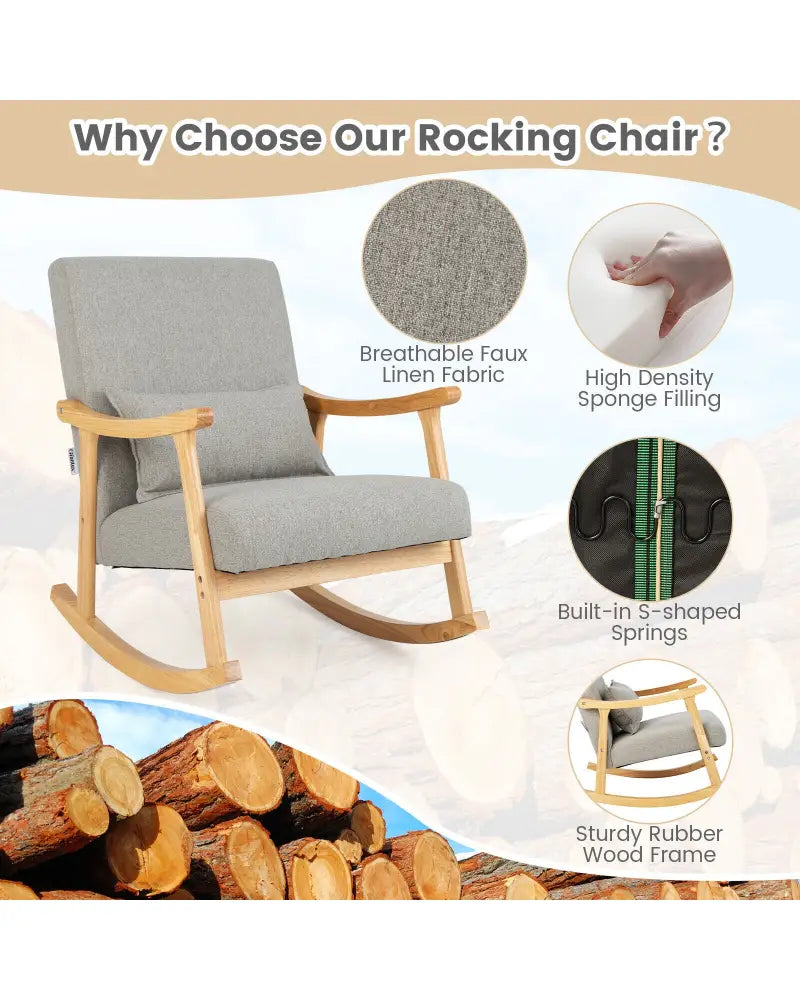 Upholstered Rocking Chair with Pillow and Rubber Wood Frame-Gray - Gray - Accent Chairs
