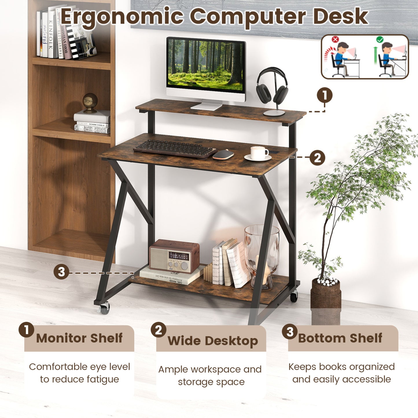 32 Inch Rolling Computer Desk for Small Spaces with Power Outlets-Rustic Brown