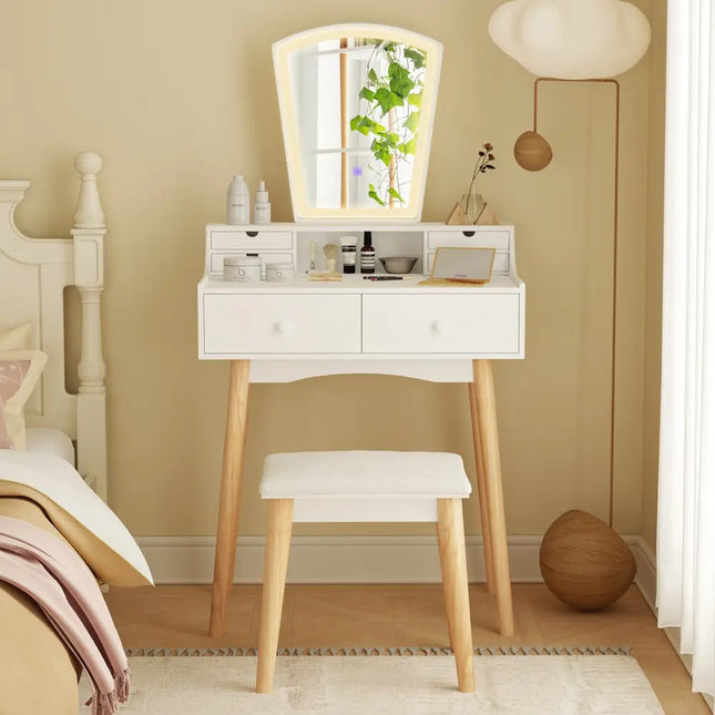 Vanity Desk Set with 3-Color Adjustable LED Lighted Mirror and Drawers-White - White - Makeup Vanities