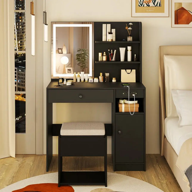 Vanity Desk with Mirror and Lights-Black - Black - Makeup Vanities