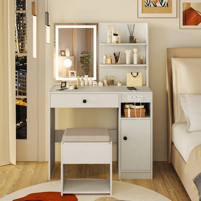 Vanity Desk with Mirror and Lights-White - White - Makeup Vanities