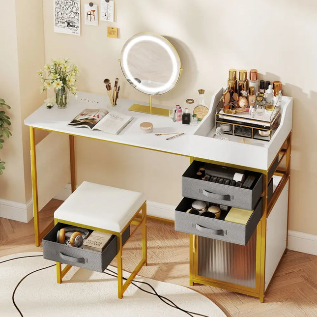 Vanity Desk with Rotatable Lighted Mirror 55 Inch Makeup Vanity Table-White - White - Makeup Vanities