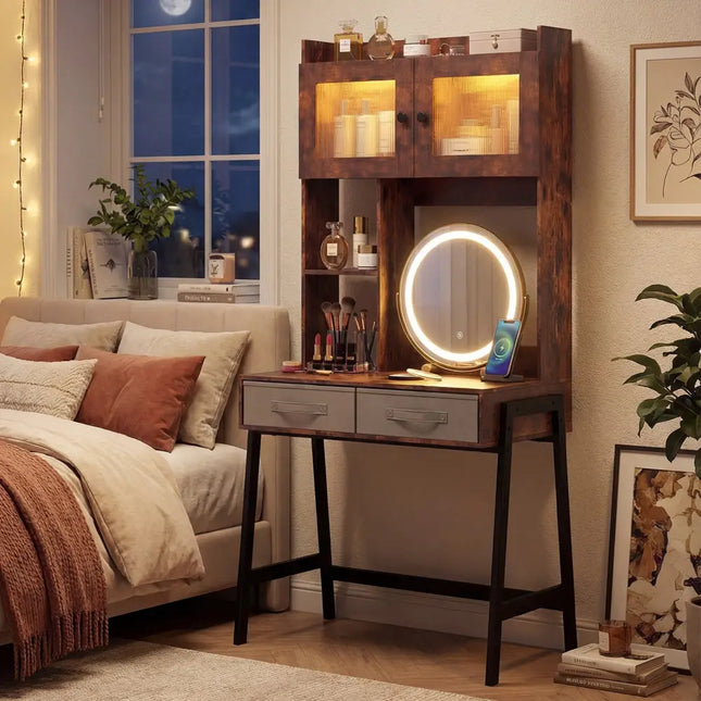 Vanity Desk with Rotatable Mirror and Lights Modern Dressing Table with 3 Light Colors-Brown - Brown - Makeup Vanities