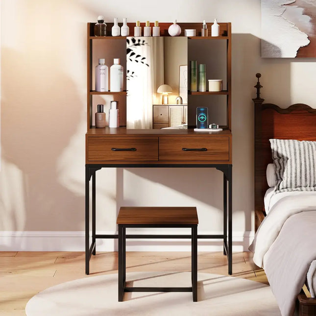 Vanity Desk with Storage Drawers and Charging Station-Walnut - Walnut - Makeup Vanities