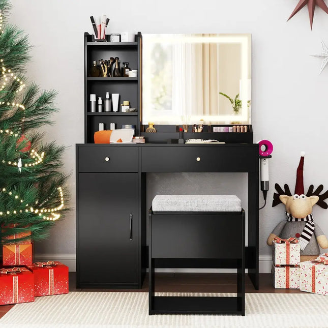 Vanity Dressing Table and Chair Set with Mirror and Lights-Black - Black - Makeup Vanities