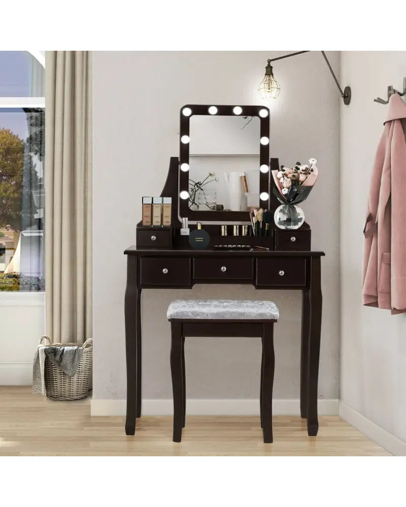 Vanity Dressing Table Set with 10 Dimmable Bulbs and Cushioned Stool-Brown - Brown - Makeup Vanities