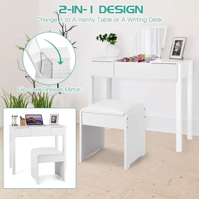 Vanity Makeup Dressing Table Set with Flip Top Mirror and Cushioned Stool-White - White - Makeup Vanities