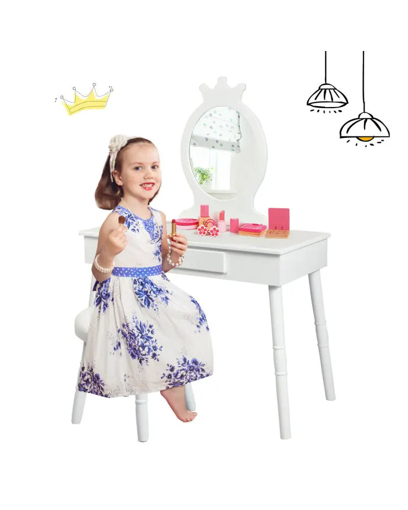 Vanity Makeup Table & Chair Set Make Up Stool-White - White - Kids Vanities