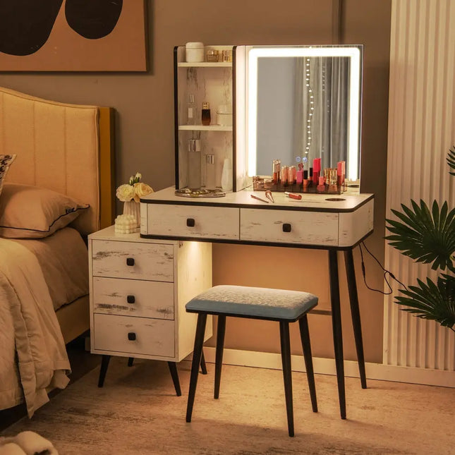 Vanity Makeup Table Set with Lighted Mirror-White - White - Makeup Vanities