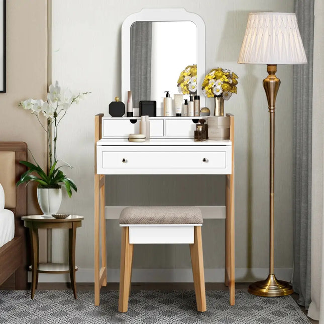Vanity Table Set with Cushioned Stool and Large Mirror - White - Makeup Vanities