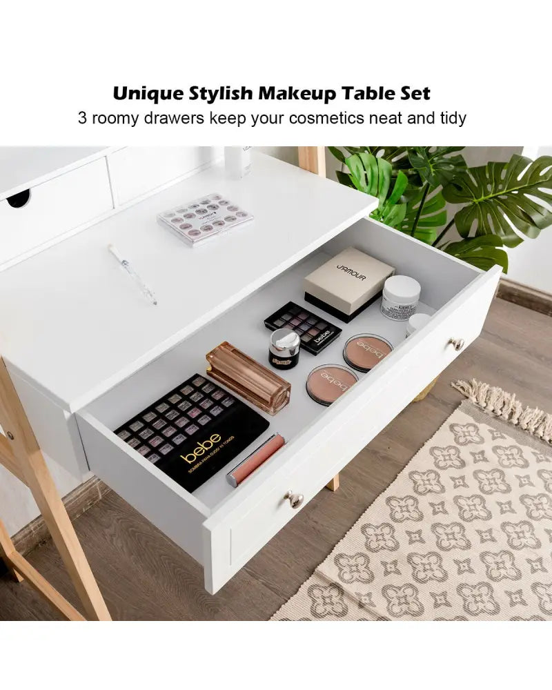 Vanity Table Set with Cushioned Stool and Large Mirror - White - Makeup Vanities