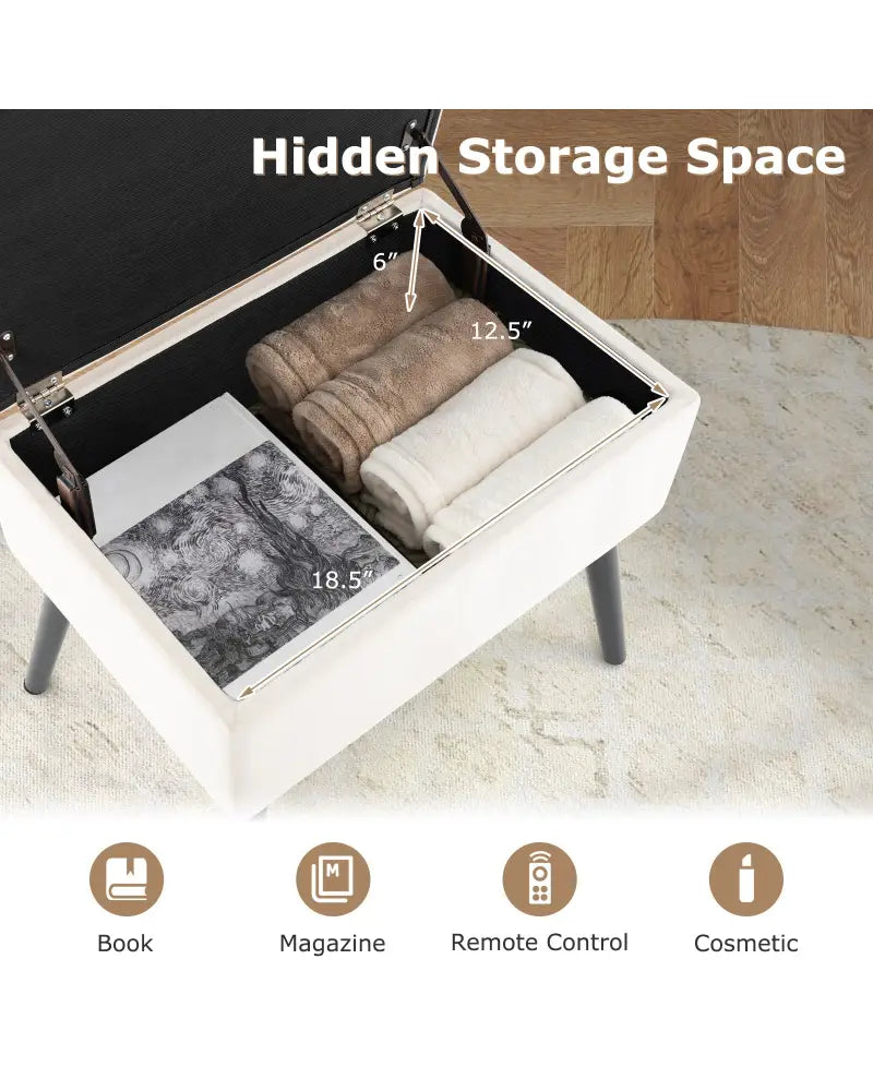 Velvet Storage Ottoman with Solid Wood Legs for Living Room Bedroom-Beige - Beige - Ottomans