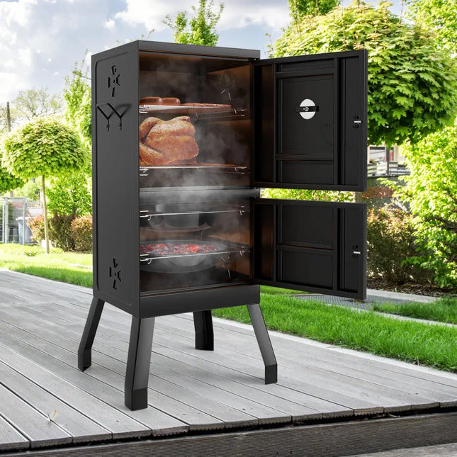 Vertical 2-tier Outdoor Barbeque Grill with Temperature Gauge - Black - Outdoor Grills