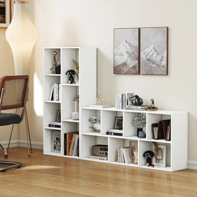 Vertical or Horizontal Freestanding Bookshelf with 7 Compartments-White - White - Bookcases