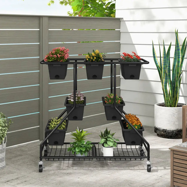 Vertical Raised Garden Bed with 7 Planter Boxes and Storage Baskets-Black - Black - Raised Garden Beds