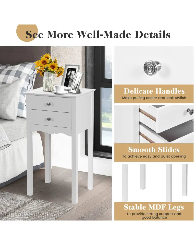 Vintage Side End Table with 2 Storage Drawers-White - White - End & Side Tables