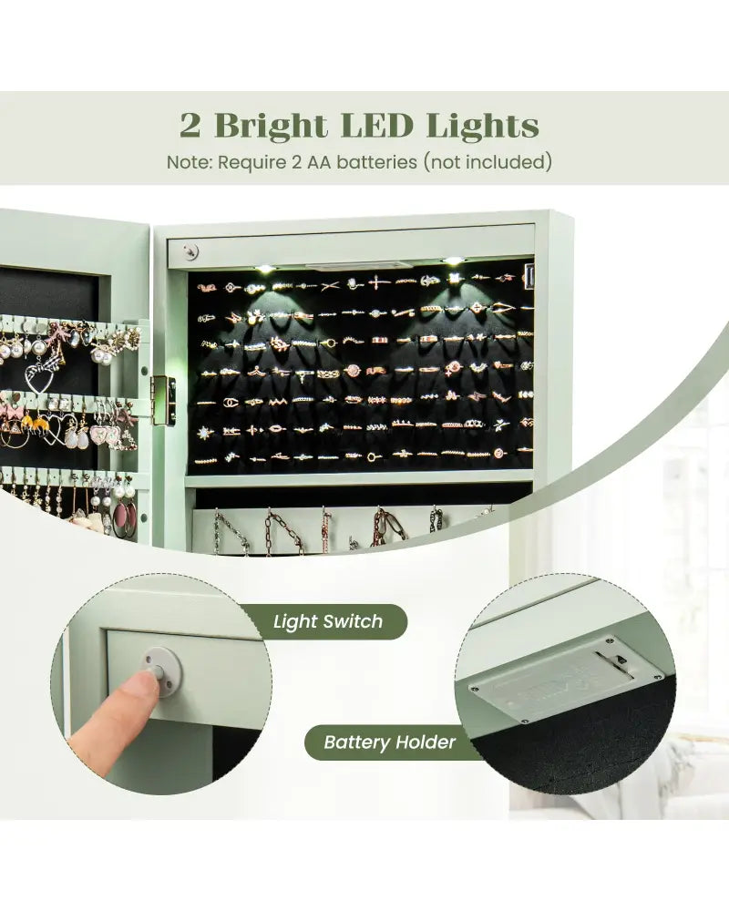 Wall and Door Mounted Mirrored Jewelry Cabinet with Lights-Green - Green - Jewelry Armoires
