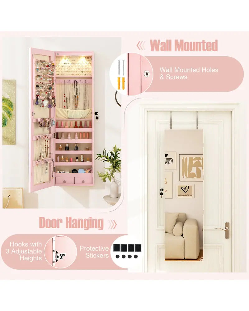Wall and Door Mounted Mirrored Jewelry Cabinet with Lights-Pink - Pink - Jewelry Armoires